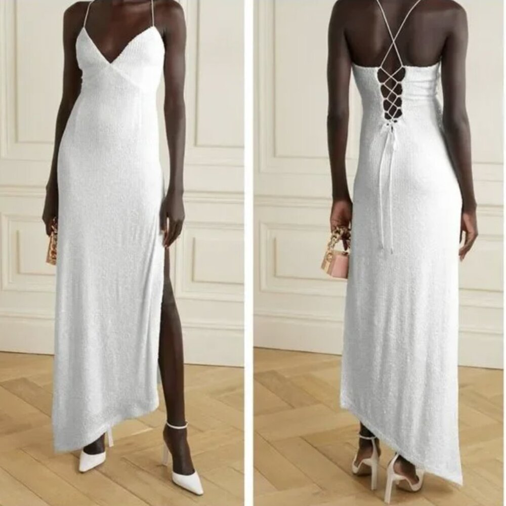 Retrofete Violet asymmetric lace-up sequined stretch-tulle gown Size Small